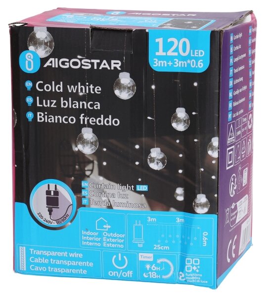 Aigostar - Catena LED natalizia da esterno 120 LED/6 W/230 V/8 funzioni 3x0,6 m IP44 bianco freddo + telecomando