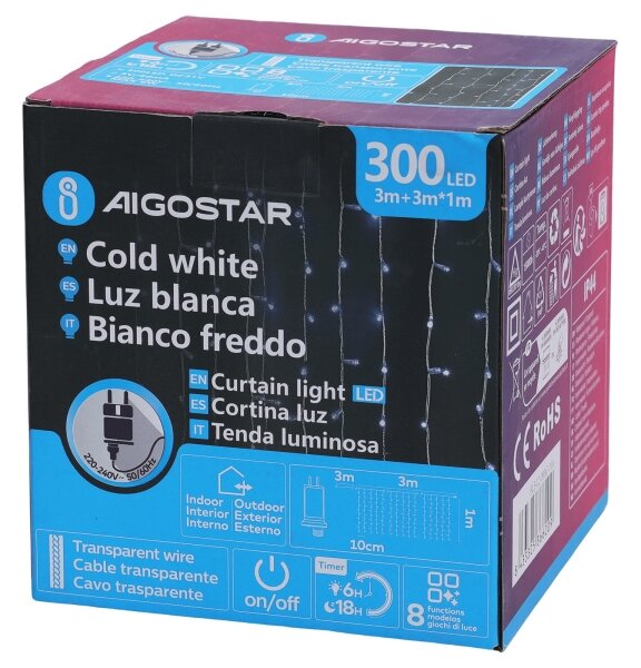 Aigostar - Catena luminosa natalizia LED per esterni 300xLED/6W/230V/8 funzioni 3x1m IP44 bianco freddo+telecomando