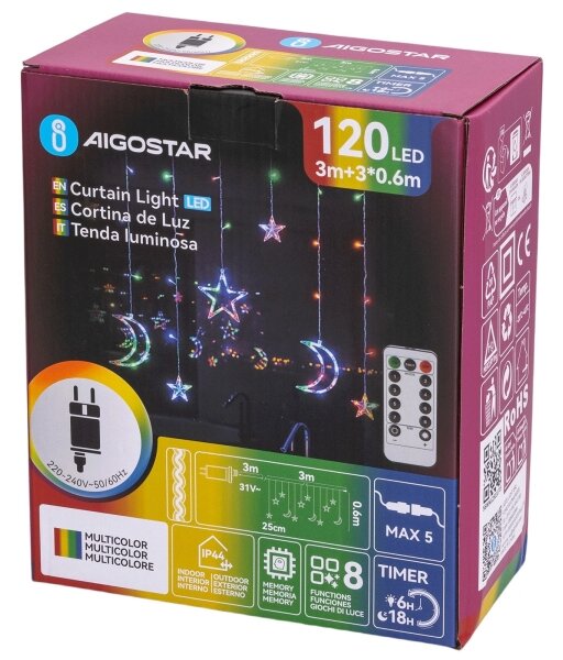 Aigostar - LED RGBY catena luminosa natalizia per esterni 120 LED/6W/230V/8 funzioni 3x0,6 m IP44 + telecomando