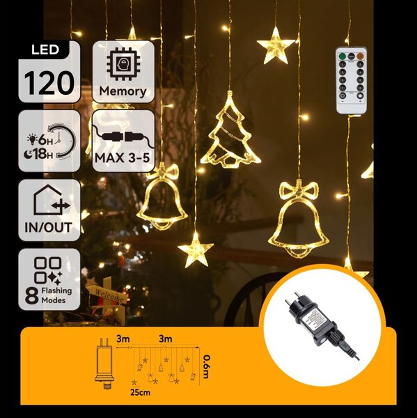 Aigostar - Catena luminosa LED natalizia da esterno 120xLED/6W/230V/8 funzioni 3x0,6m IP44 bianco caldo + telecomando