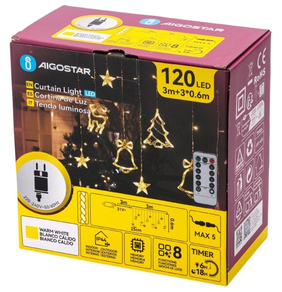 Aigostar - Catena luminosa LED natalizia da esterno 120xLED/6W/230V/8 funzioni 3x0,6m IP44 bianco caldo + telecomando