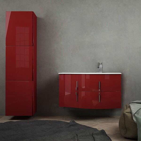 Mobile bagno sospeso ad onda rosso lucido 105 cm (versione destra) con chiusure soft close e colonna 170 cm