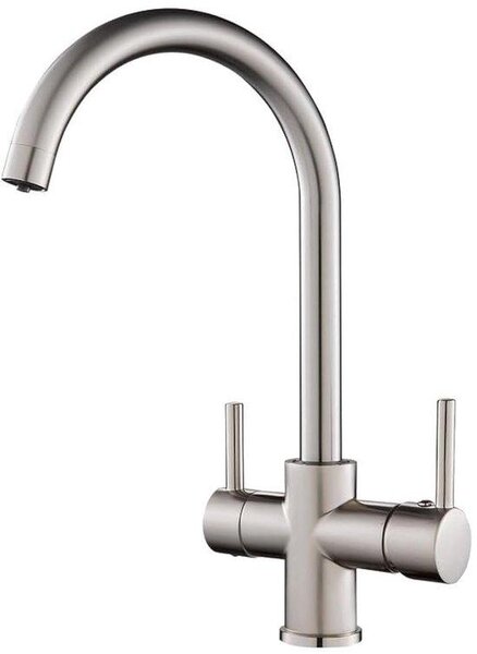 Rubinetto da cucina orientabile a 360°, miscelatore a tre vie per acqua calda, fredda e filtrata, finitura spazzolata
