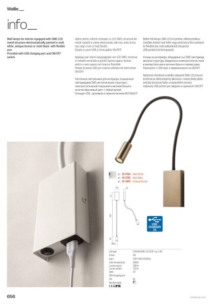 Redo 01-4475 - WALLIE Lampada flessibile LED 3W/230V USB CRI 90 bronzo