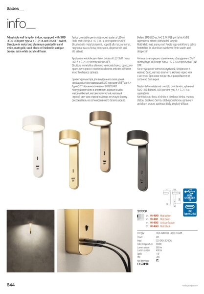 Redo 01-4642 - Applique LED SADES LED/6W/230V CRI 90 USB bronzata