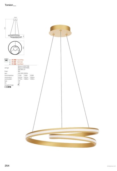 Redo 01-4361 - Lampadario dimmerabile a sospensione su cavo TORSION LED/40W/230V, finitura oro