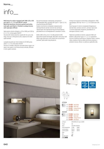 Redo 01-4661 - Lampada da parete LED NORMA LED/5W/230V + LED/3W CRI 90 USB dorata