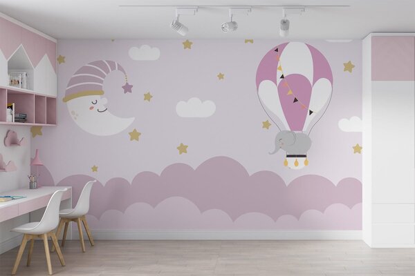 Carta da parati Cartone animato elefante e luna in un palloncino, Carta da parati per Bambini, Carta da parati popolare, w02963v1 - Tapeko.it