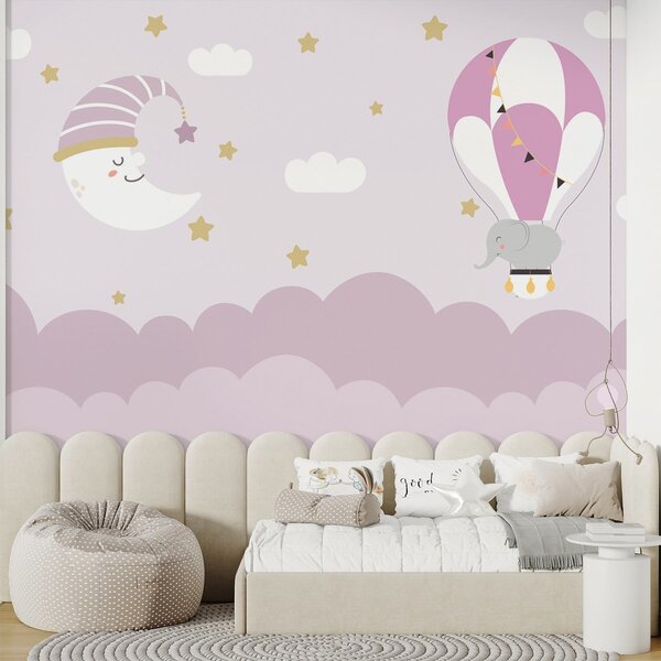 Carta da parati Cartone animato elefante e luna in un palloncino, Carta da parati per Bambini, Carta da parati popolare, w02963v1 - Tapeko.it
