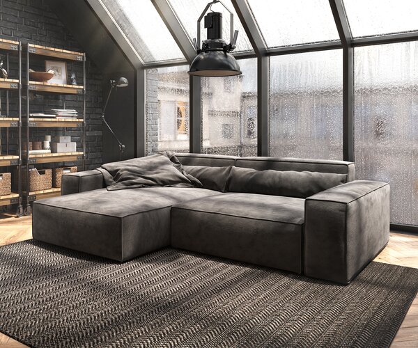 Divano angolare DELIFE Sirpio XL, 270x170 cm, rivestito in microfibra color kaki, con chaise longue modulabile