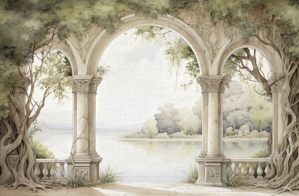 Carta da parati Acquerello di un arco in pietra con alberi e lago, Carta da parati Floreale, Carta da parati popolare, w02976 - Tapeko.it