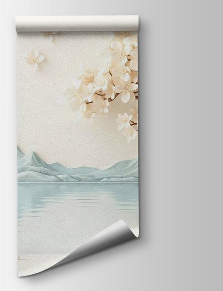 Carta da parati Albero con fiori e rocce vicino all'acqua, Carta da parati Alberi, Carta da parati popolare, w02991 - Tapeko.it