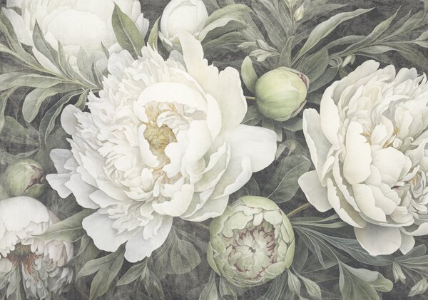 Carta da parati Delicate peonie bianche in fiore, Carta da parati Floreale, Carta da parati popolare, w08697 - Tapeko.it