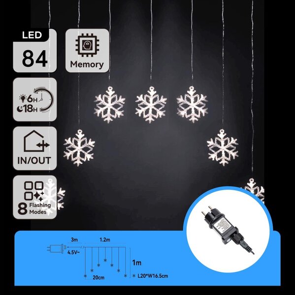 Aigostar - Catena LED da esterno 84 LED / 8 funzioni 1,2 x 1 m IP44 bianco freddo con fiocchi di neve