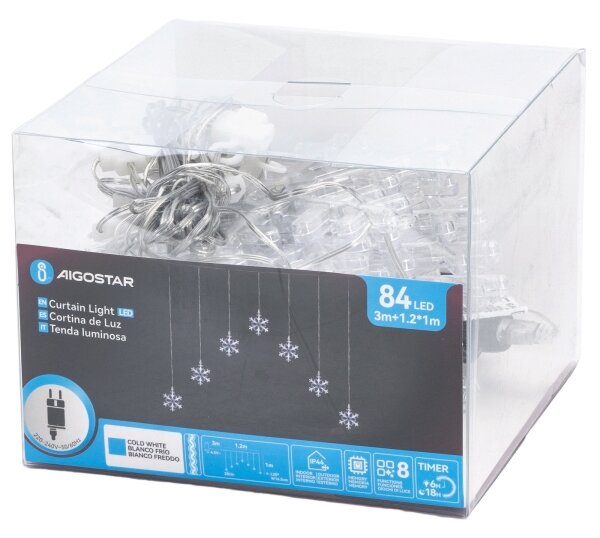 Aigostar - Catena LED da esterno 84 LED / 8 funzioni 1,2 x 1 m IP44 bianco freddo con fiocchi di neve