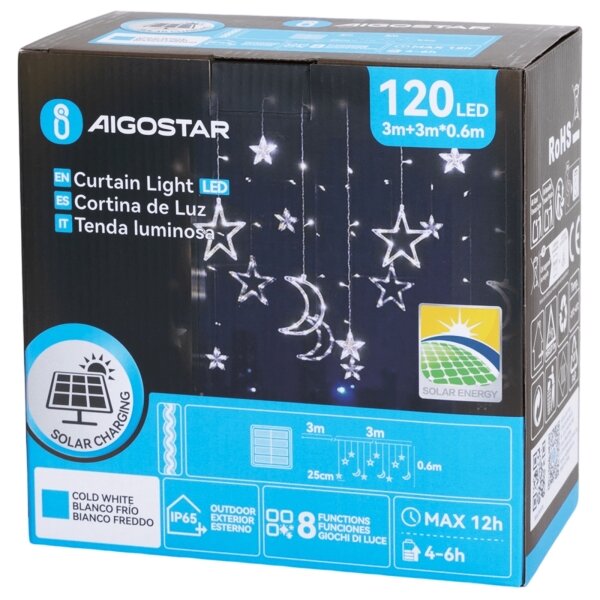 Aigostar - Catena natalizia solare a LED 120xLED/8 funzioni 3x0,6m 500 mAh IP65 bianco freddo