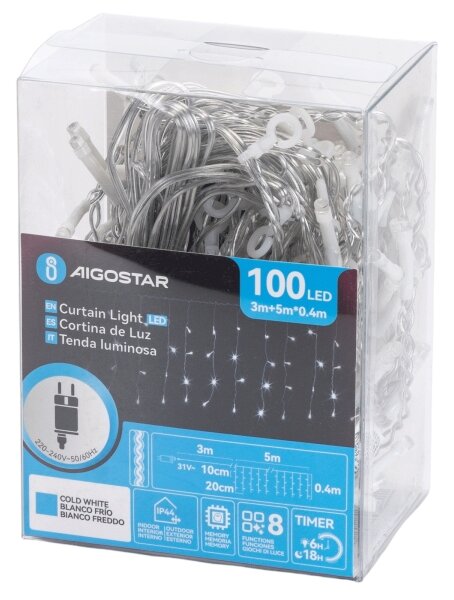 Aigostar - Catena luminosa a LED per esterni 100 LED / 8 funzioni 5 x 0,4 m IP44 bianco freddo