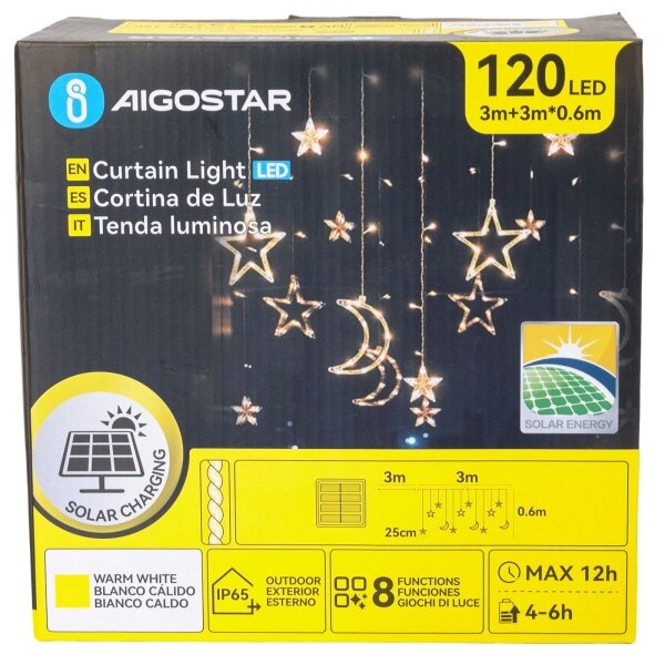 Aigostar - Catena luminosa natalizia solare LED, 120 LED, 8 funzioni, 3 x 0,6 m, 500 mAh, IP65, bianco caldo