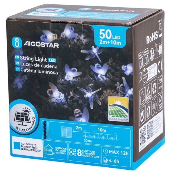 Aigostar - Catena luminosa decorativa solare a LED, 50 LED / 8 funzioni, 10 m, 800 mAh, IP65, bianco freddo