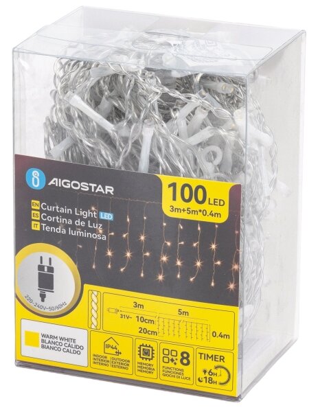 Aigostar - Catena luminosa per esterni a LED 100 LED/8 funzioni 5x0,4m IP44 bianco caldo