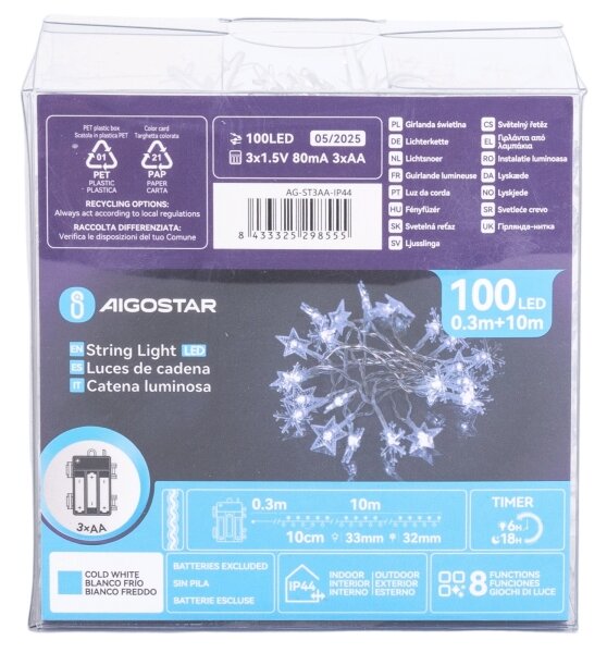 Aigostar - Catena luminosa LED da esterno 100 LED / 8 funzioni, alimentata da 3 batterie AA, 10 m, IP44, bianco freddo
