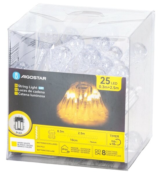 Aigostar - Catena luminosa LED natalizia da esterno 25xLED/8 funzioni 3xAA 2,5m IP44 bianco caldo gocce
