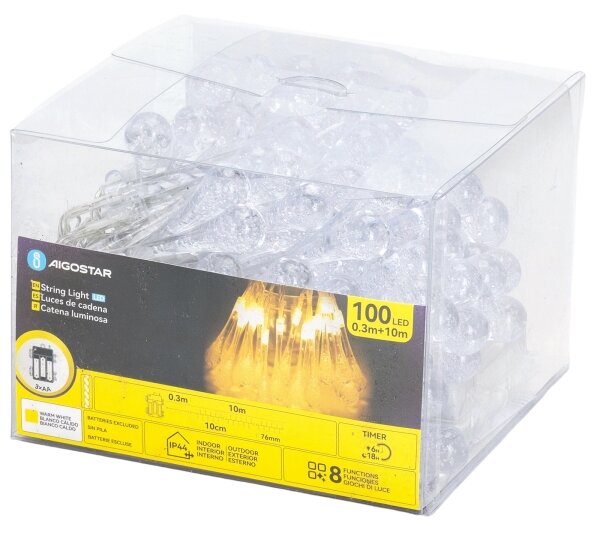 Aigostar - LED catena luminosa natalizia per esterni 100xLED/8 funzioni 3xAA 10m IP44 bianco caldo a goccia