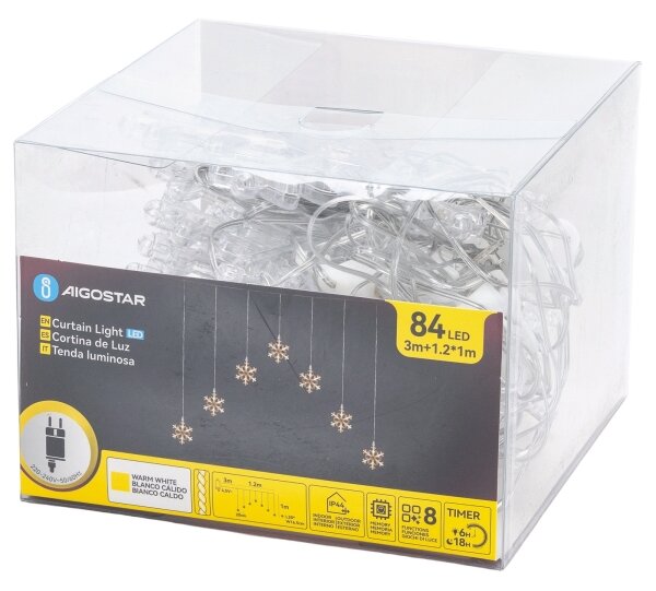 Aigostar - Catena luminosa LED da esterno 84xLED/230V 1,2x1m IP44, bianco caldo, fiocchi di neve