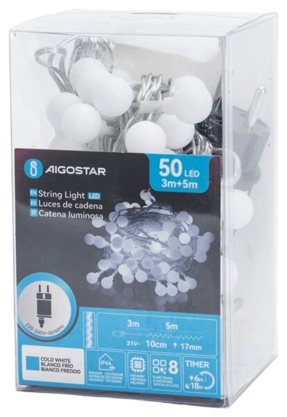 Aigostar - Catena decorativa LED da esterno 50xLED/3,6W/230V/8 funzioni 5m IP44 bianco freddo