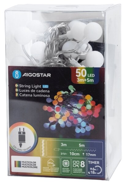 Aigostar - Catena luminosa decorativa LED RGBY per esterni 50xLED/3,6W/230V/8 funzioni 5m IP44