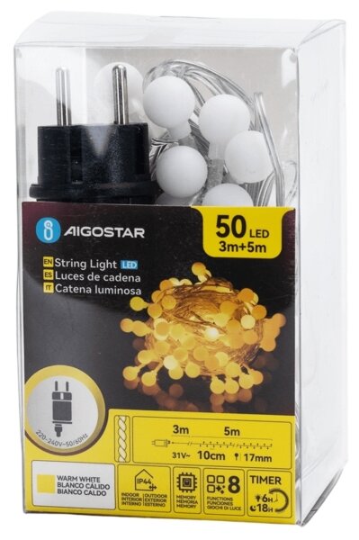 Aigostar - Catena luminosa decorativa LED per esterni 50xLED/3,6W/230V/8 funzioni 5m IP44 bianco caldo