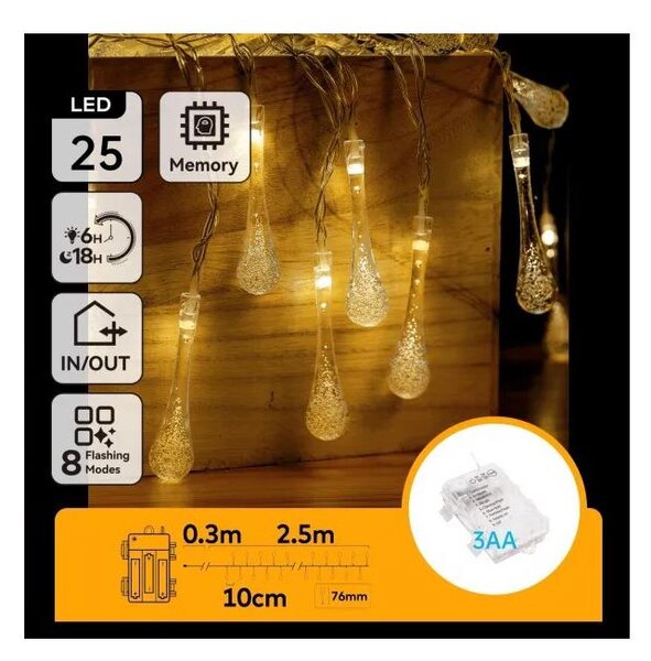 Aigostar - Catena luminosa LED natalizia da esterno 25xLED/8 funzioni 3xAA 2,5m IP44 bianco caldo gocce