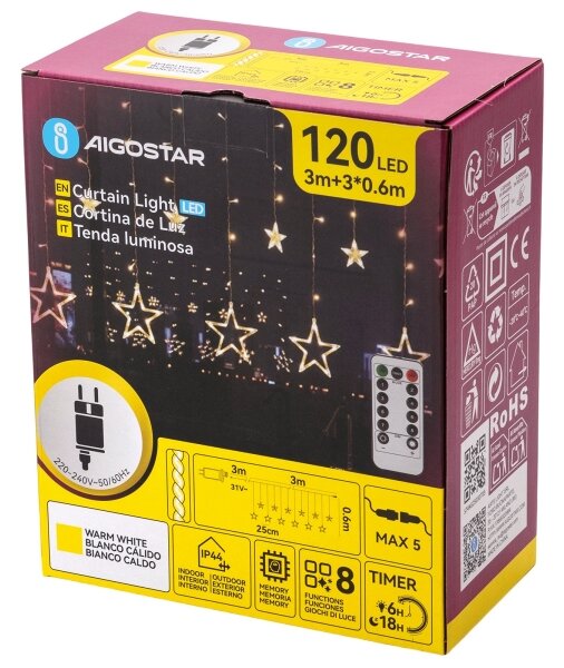 Aigostar - Catena luminosa natalizia LED da esterno 120xLED/6W/230V/8 funzioni 3x0,6m IP44 bianco caldo+telecomando