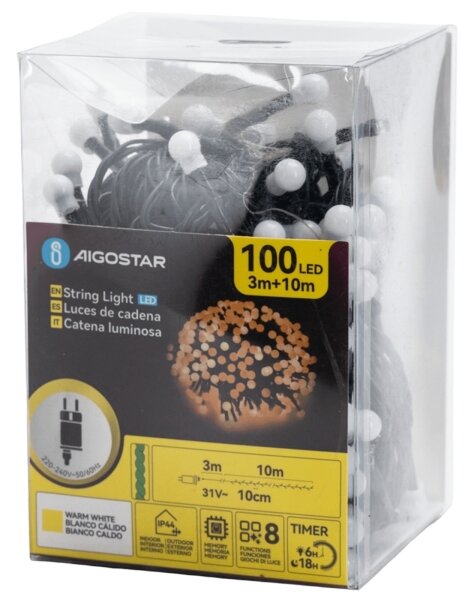 Aigostar - Catena luminosa decorativa LED per esterni 100xLED/3,6W/230V/8 funzioni 10m IP44 bianco caldo