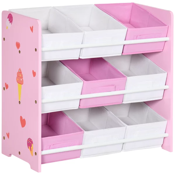 ZONEKIZ Mobiletto Portagiochi con 9 Cestini Rimovibili in Legno e Tessuto, 63x30x60 cm, Rosa e Bianco | Aosom Italy