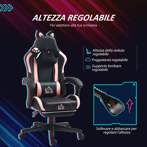HOMCOM Sedia da Gaming Reclinabile con Poggiapiedi e Cuscini, in Finta Pelle e Spugna, 65x62x116-124 cm, Rosa e Nero | Aosom Italy