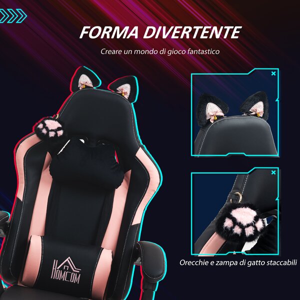 HOMCOM Sedia da Gaming Reclinabile con Poggiapiedi e Cuscini, in Finta Pelle e Spugna, 65x62x116-124 cm, Rosa e Nero | Aosom Italy
