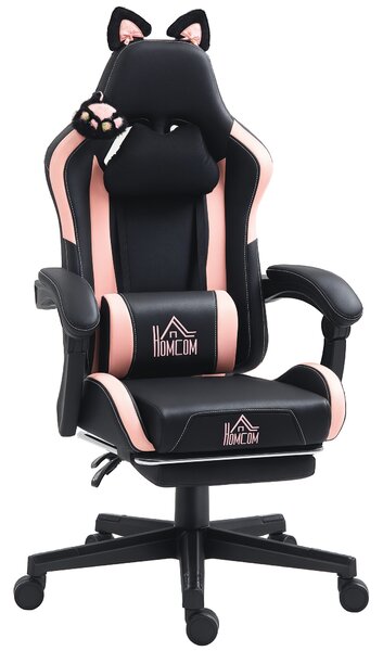 HOMCOM Sedia da Gaming Reclinabile con Poggiapiedi e Cuscini, in Finta Pelle e Spugna, 65x62x116-124 cm, Rosa e Nero | Aosom Italy