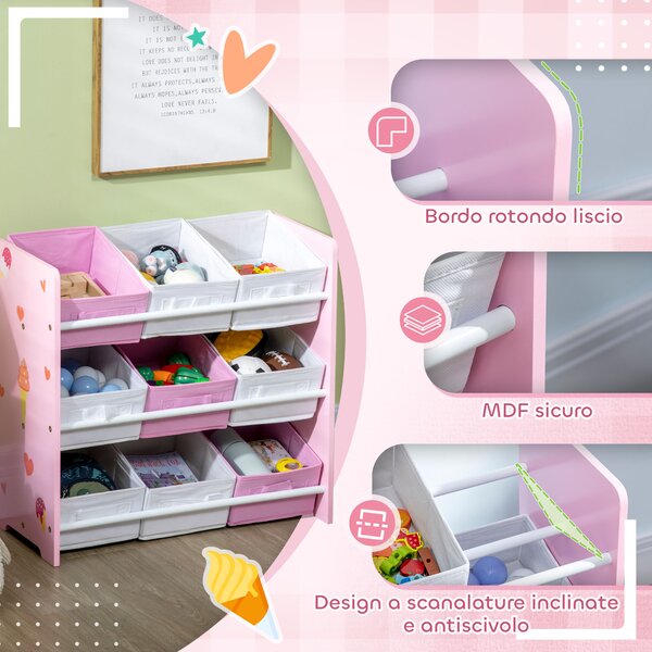 ZONEKIZ Mobiletto Portagiochi con 9 Cestini Rimovibili in Legno e Tessuto, 63x30x60 cm, Rosa e Bianco | Aosom Italy