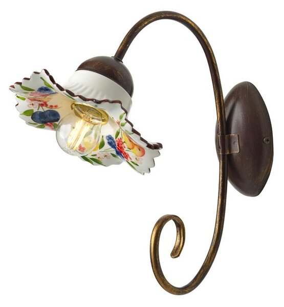 2261 APPLIQUE CON BRACCIO IN METALLO BRUNITO E PIATTO IN TERRACOTTA BIANCA DECORATO CON FRUTTA MADE IN ITALY