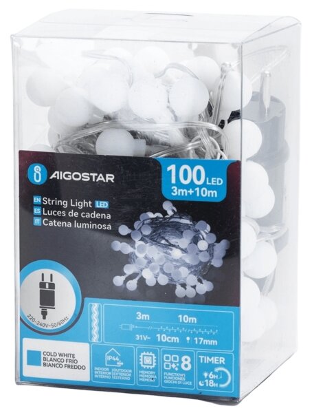 Aigostar - Catena luminosa decorativa LED per esterni 100xLED/3,6W/230V/8 funzioni 10m IP44 bianco freddo