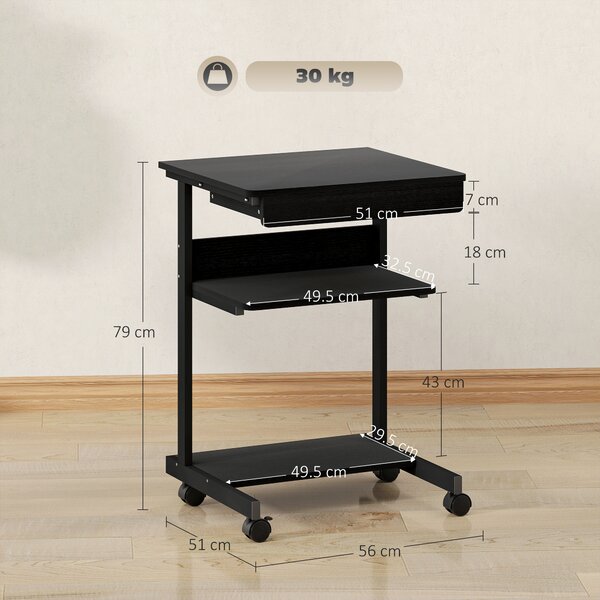 HOMCOM Scrivania PC con Cassetto Scorrevole, 2 Ripiani e 4 Rotelle, in Legno e Metallo, 56x51x79 cm, Nero | Aosom Italy