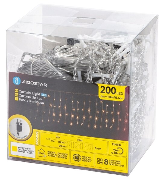 Aigostar - Catena luminosa natalizia LED per esterni 200xLED/3,6W/230V/8 funzioni 10x0,4m IP44 bianco caldo