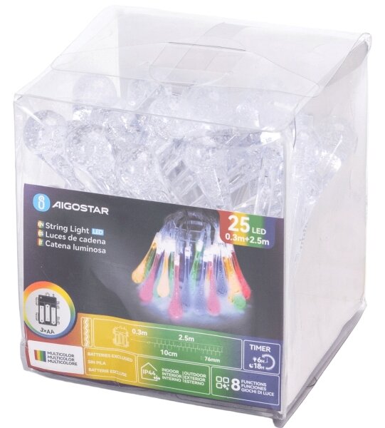 Aigostar - LED RGBY Catena luminosa per esterni 25 LED/8 funzioni 3xAA 2,5 m IP44 gocce