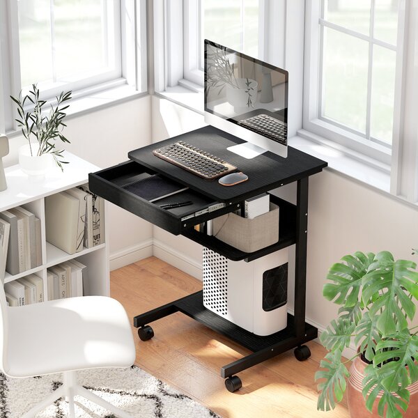 HOMCOM Scrivania PC con Cassetto Scorrevole, 2 Ripiani e 4 Rotelle, in Legno e Metallo, 56x51x79 cm, Nero | Aosom Italy