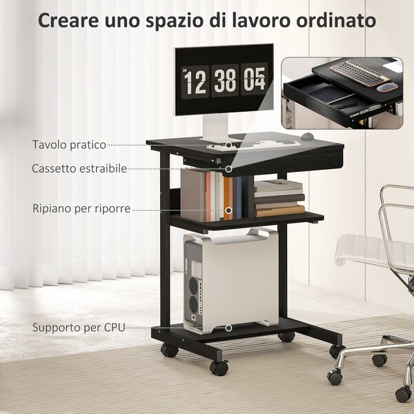 HOMCOM Scrivania PC con Cassetto Scorrevole, 2 Ripiani e 4 Rotelle, in Legno e Metallo, 56x51x79 cm, Nero | Aosom Italy