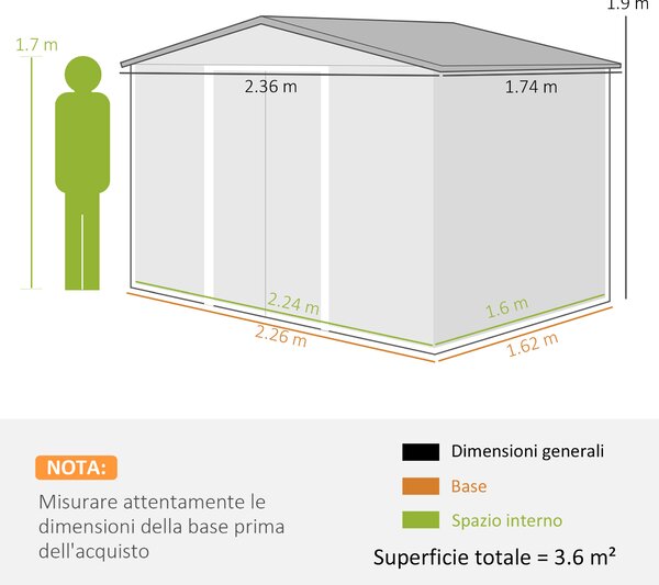 Outsunny Casetta da Giardino con 2 Porte Scorrevoli e 4 Prese d'Aria, Capanno porta attrezzi in Acciaio, 236x174x190cm, Grigio | Aosom Italy
