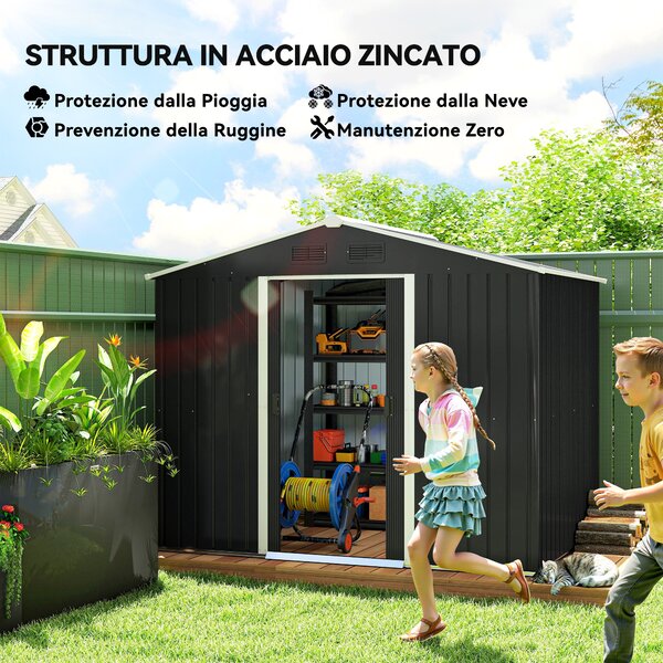 Outsunny Casetta da Giardino con 2 Porte Scorrevoli e 4 Prese d'Aria, Capanno porta attrezzi in Acciaio, 236x174x190cm, Grigio | Aosom Italy