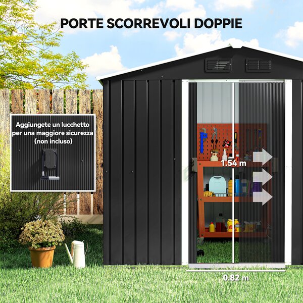 Outsunny Casetta da Giardino con 2 Porte Scorrevoli e 4 Prese d'Aria, Capanno porta attrezzi in Acciaio, 236x174x190cm, Grigio | Aosom Italy