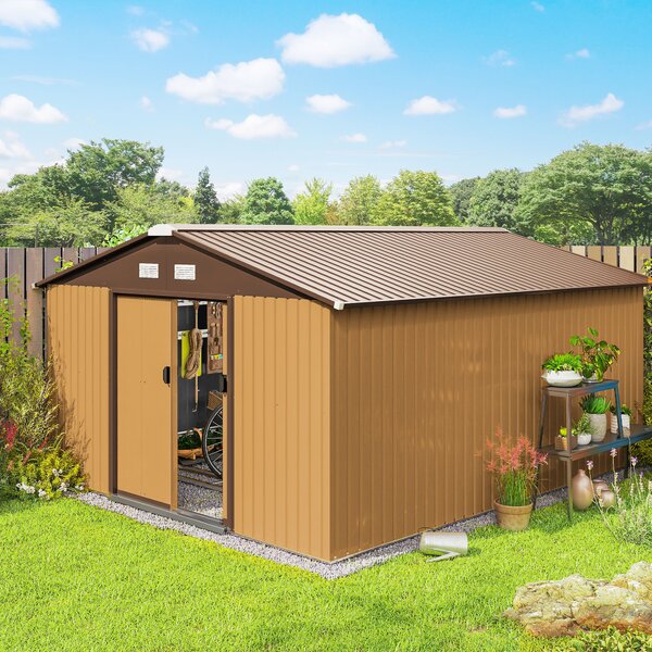 Outsunny Casetta da Giardino con 2 Porte Scorrevoli e 4 Prese d'Aria in Acciaio colorato e PP, Tetto inclinato, 340x386x200cm, Giallo | Aosom Italy